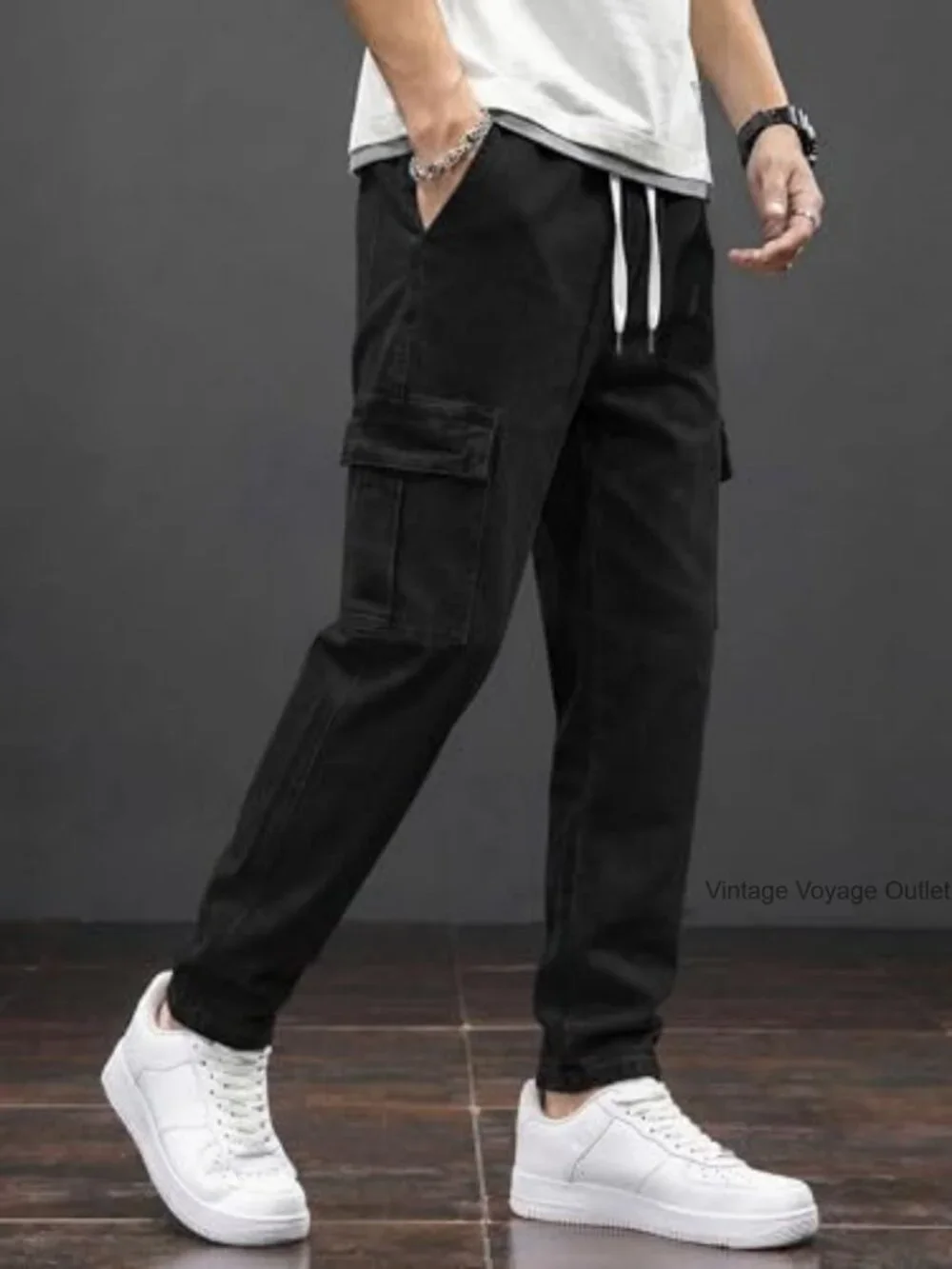 Men's Elastic Waist Cargo Jeans Stretch Denim Relaxed Fit with Drawstring